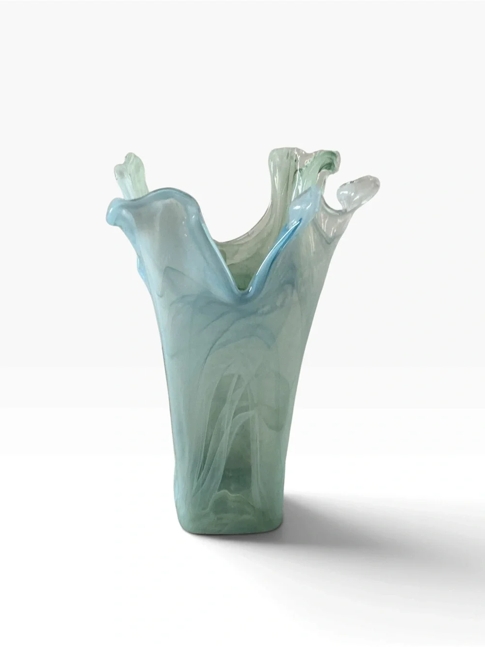 Vtg Lovarazione Art Murano glass aqua blue & green swirl ruffled vase Italy